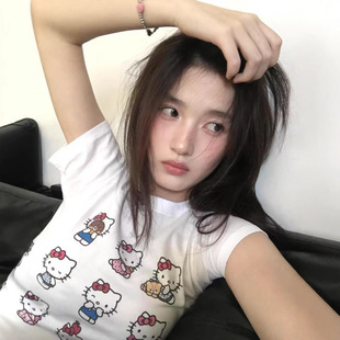 2026新款HelloKitty甜酷美式正肩短袖t恤女夏季白色短款凯蒂猫上