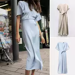 Qinchuan 25 Spring/Summer French Elegant Style Solid Color Slim Fit Knot Detail Silk Satin Texture Dress 2454845