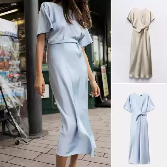 Qinchuan 25 Spring/Summer French Elegant Style Solid Color Slim Fit Knot Detail Silk Satin Texture Dress 2454845