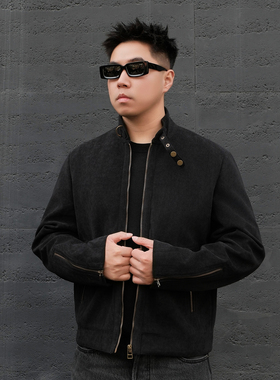 JDKZ春夏美式复古老钱风立领麂皮夹克男休闲短款机车简约修身外套