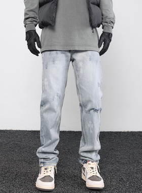 JDKZ高街水洗做旧十字架印花牛仔裤男复古休闲VIBE直筒显瘦破烂裤