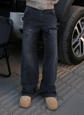 JDKZ美式复古B01伐木工装牛仔裤男vibe直筒宽松休闲做旧破洞长裤