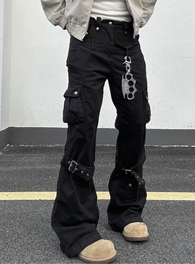 JDKZ美式复古绑带微喇休闲牛仔裤男女秋季新款宽松直筒拖地长裤子