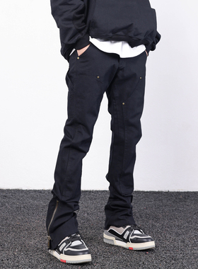 JDKZ春夏美式侧拉链微喇叭毛边牛仔裤男VIBE风休闲百搭伐木工装裤