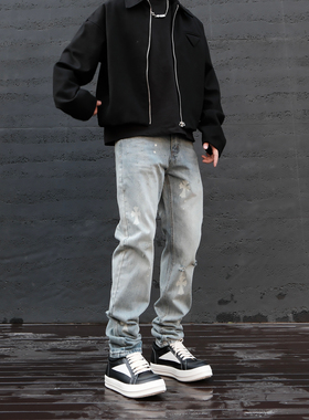 JDKZ春夏美式高街复古做旧十字架破洞牛仔裤男街头印花百搭长裤潮