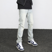 潮 男街头弹力显瘦休闲直筒长裤 JDKZ美式 复古水洗做旧黄泥染牛仔裤