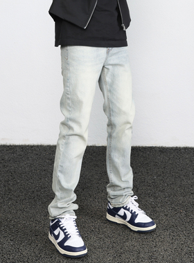 JDKZ美式复古水洗做旧黄泥染牛仔裤男街头弹力显瘦休闲直筒长裤潮