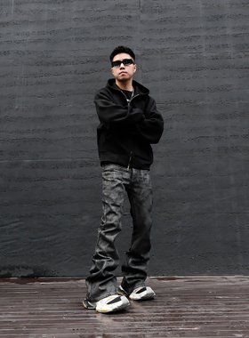 JDKZ美式高街复古重磅刷蜡拖地阔腿牛仔裤男街头小众潮牌微喇叭裤