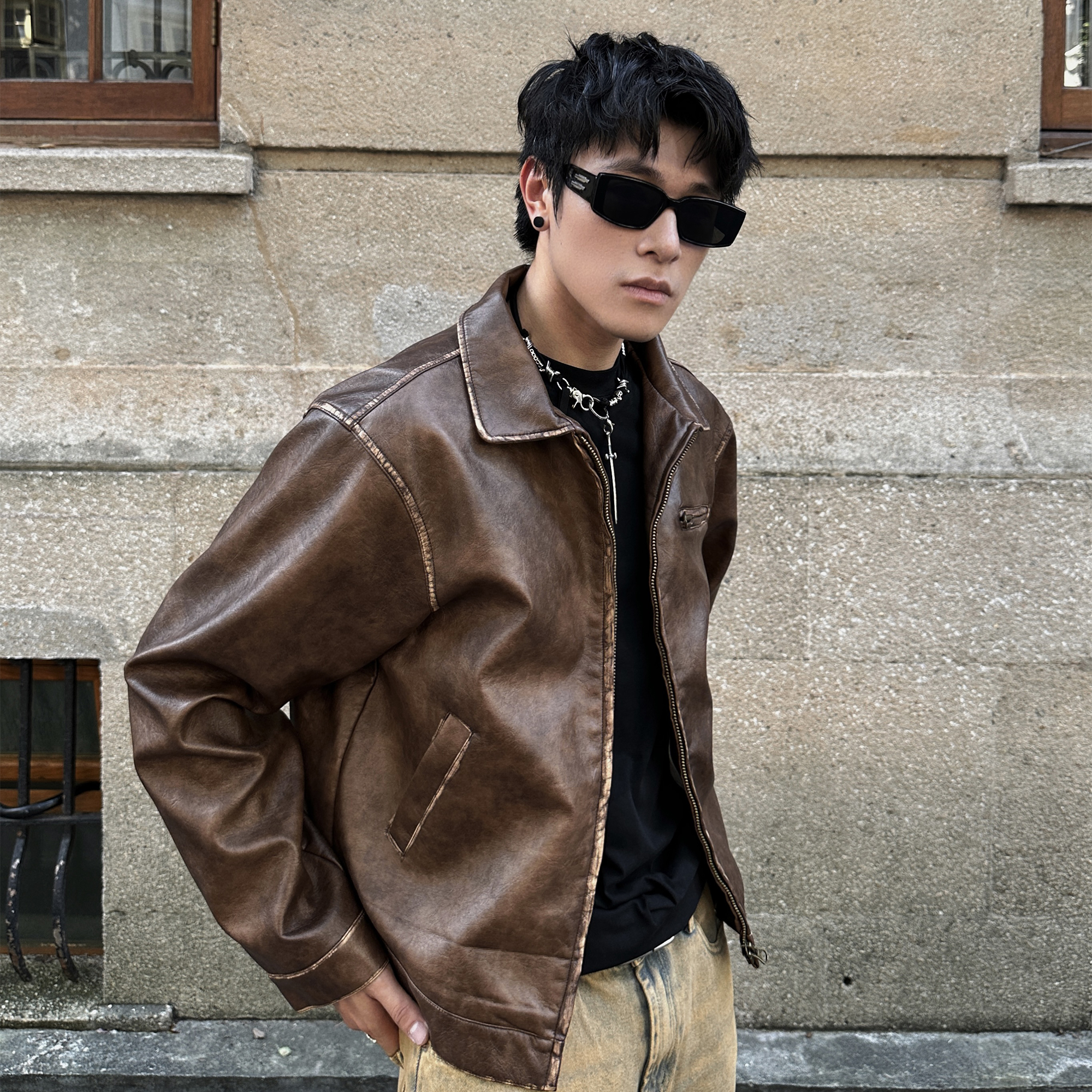 JDKZ美式复古美拉德棕色PU皮衣