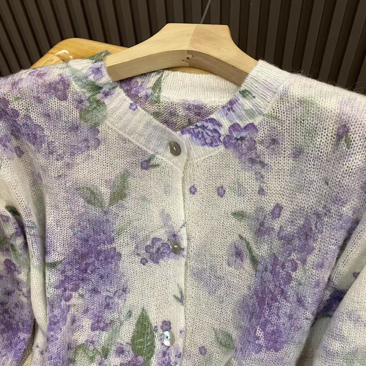 印花薄款马海毛长袖针织开衫减龄温柔风时尚碎花上衣女Z5817