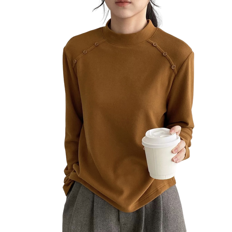 那末“直角肩”纯色半高领磨毛打底衫女别致纽扣加厚保暖上衣