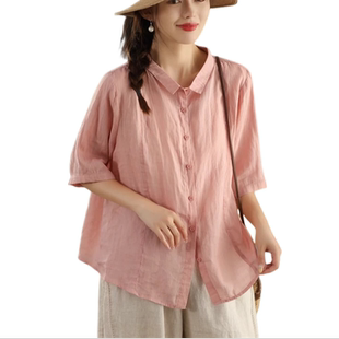 復古女氣質翻領中袖 襯衣單排扣純色上衣寬松 2025夏季 純苧麻襯衫