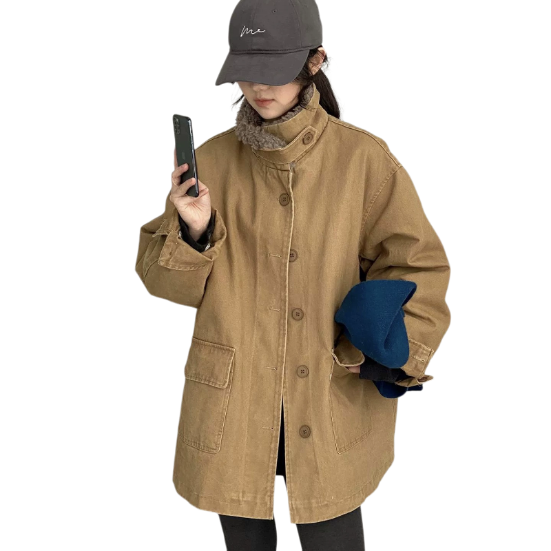 那末韩系复古羊羔毛领子派克羽绒服女工装风宽松保暖中长外套