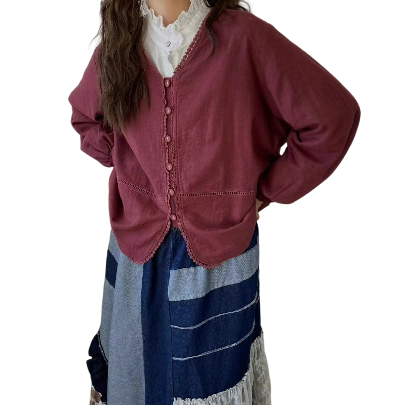 日系森系麻料外套女秋季新款宽松百搭拼花边V领单排扣加里布上衣