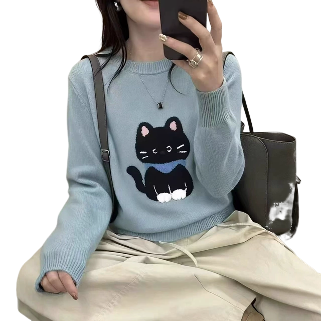 日系可爱猫咪提花毛衣女冬季新款宽松百搭甜美减龄套头打底针织衫
