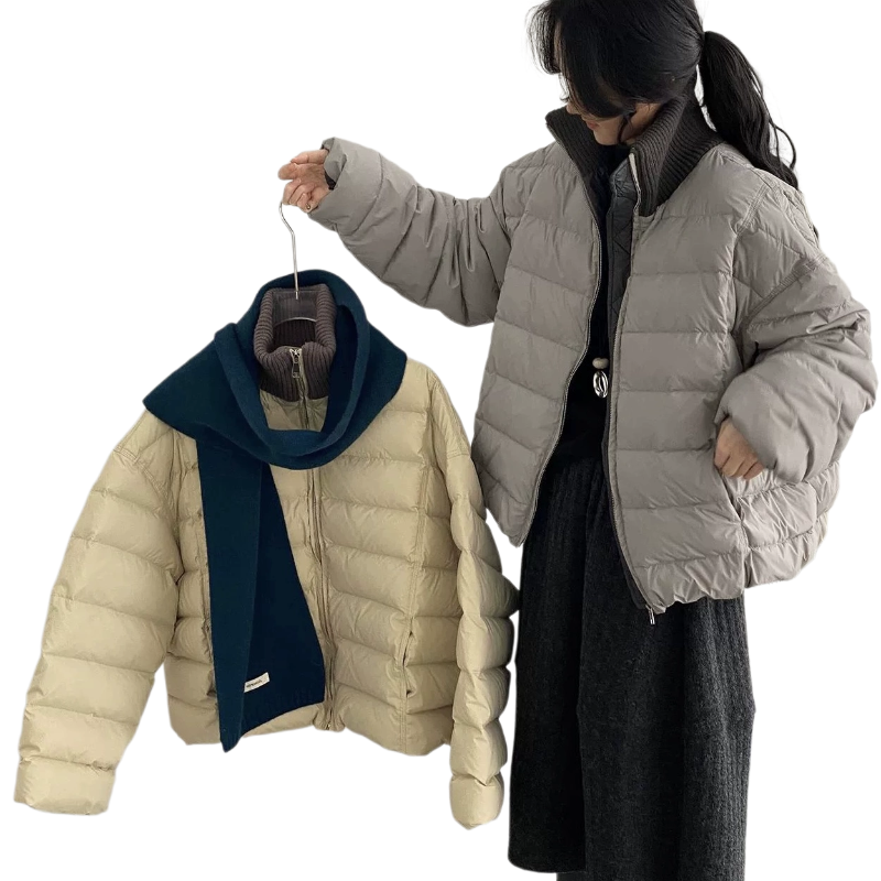 那末 针织领排骨羽绒~韩系感羽绒服女宽松立领白鸭绒外套