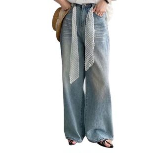 那末满天星~韩系早春亮闪闪直筒水洗牛仔裤女高腰显瘦阔腿裤