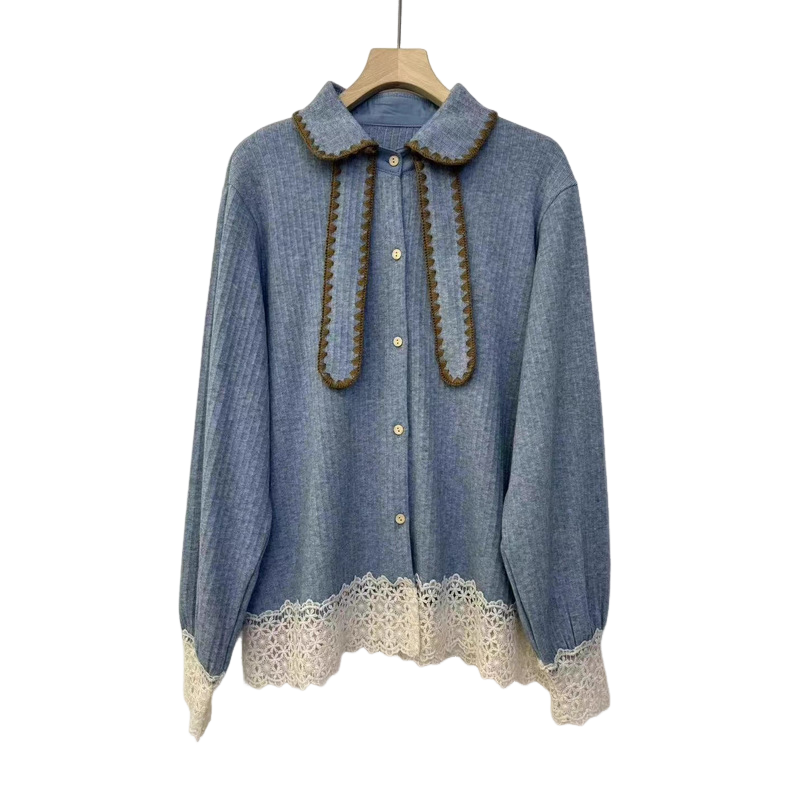 日系森系蕾丝拼接针织衫女冬季新款甜美减龄宽松百搭翻领飘带开衫