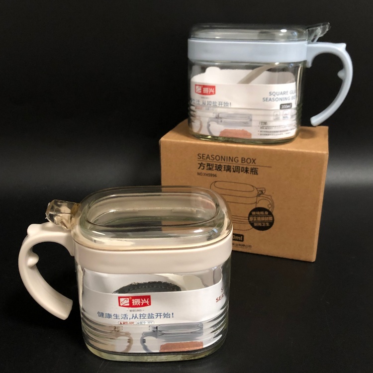 振兴 玻璃调味瓶调料瓶家用带勺盐罐圆形味盒方形味精鸡粉料理罐