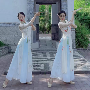 青花瓷古典舞旗袍弹力印花大码跳舞旗袍裙形体走秀套装中国风演出