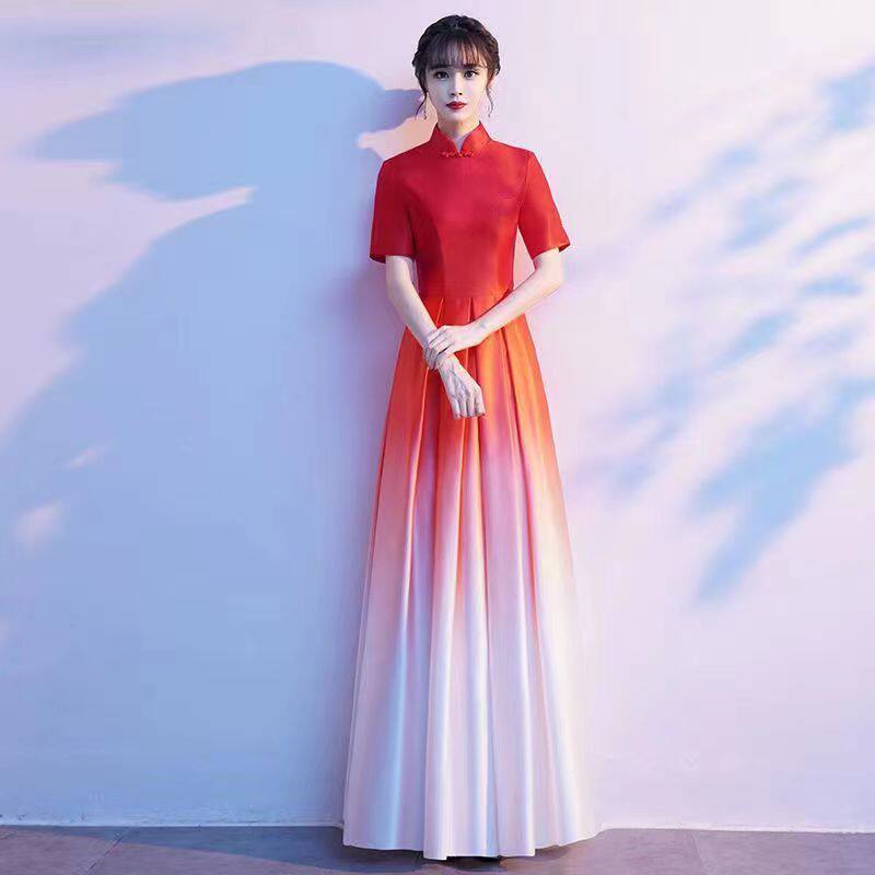 大合唱团演出服女红歌咏比赛服装指挥服朗诵晚礼服旗袍领长裙表演