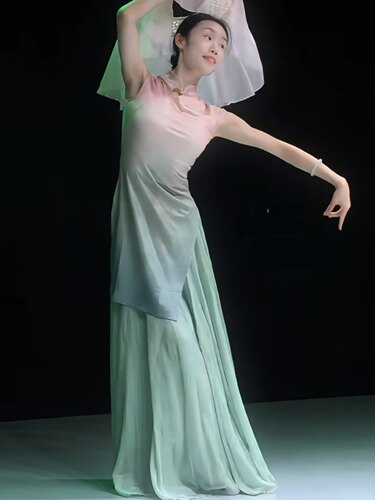 青烟里舞蹈服古典舞渐变旗袍上衣中国风江南采莲立春相思遥演出服