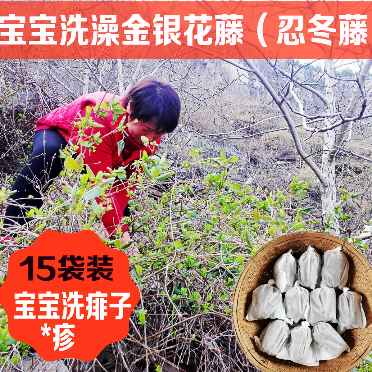 野生金银花藤宝宝洗澡忍冬藤干艾叶婴儿泡澡坐月子去痱子15袋750g