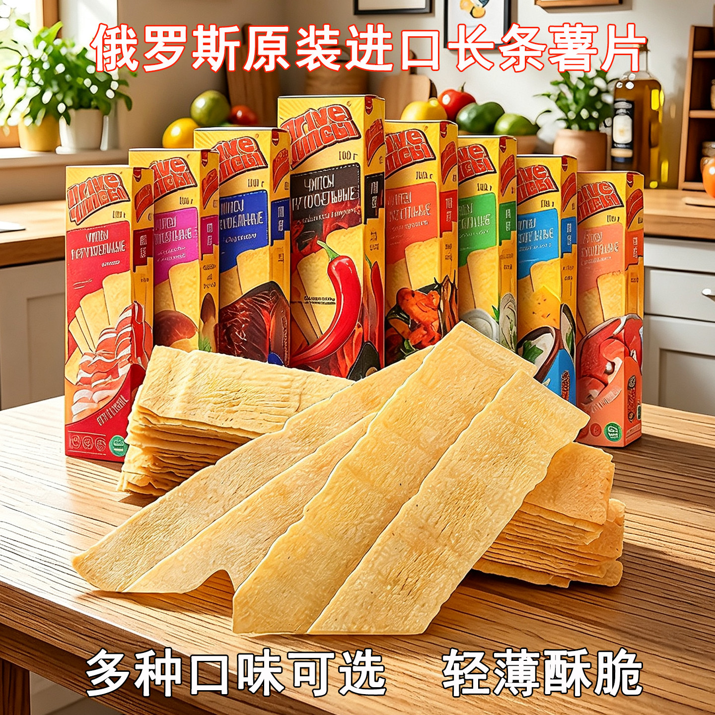 进口俄罗斯长条薯片休闲小零食非油炸超薄解馋看电影追剧食品100g