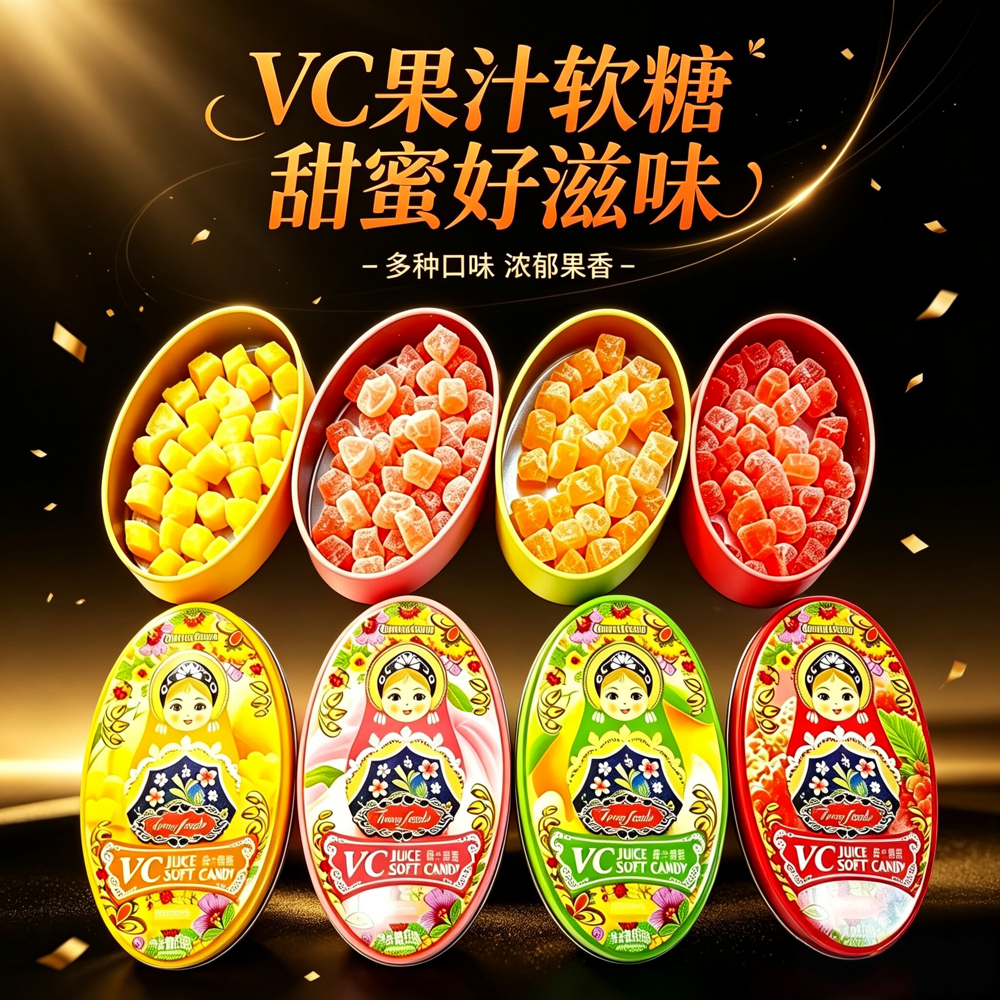 套娃图案VC益生菌果汁软糖白桃草莓桔子芒果味伴手礼物铁盒装礼品