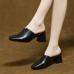 拖鞋女真皮凉拖外穿皮托女鞋包头穆勒鞋高跟网红皮拖中跟半拖时尚