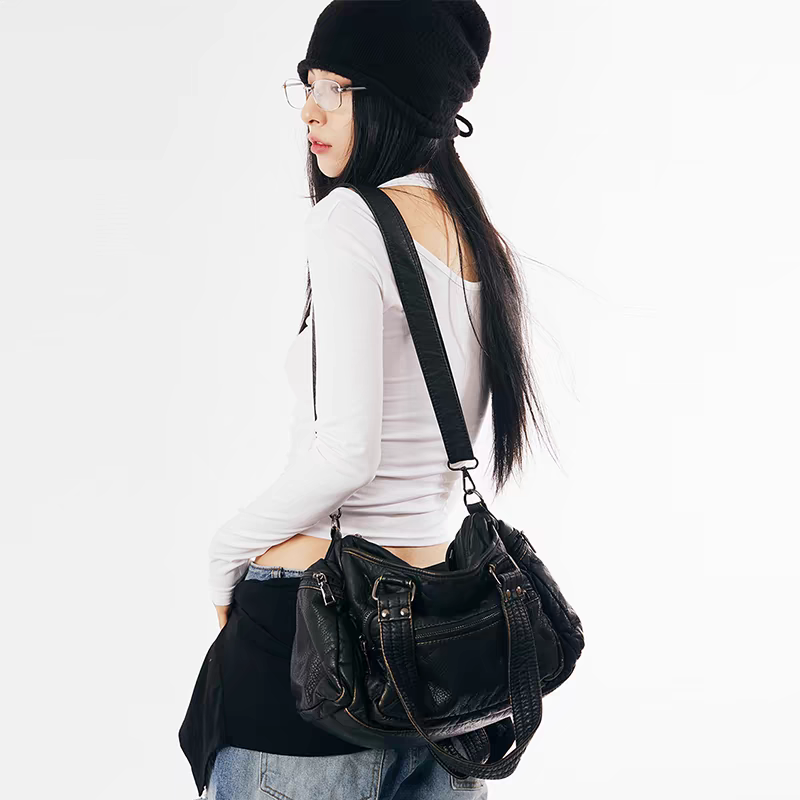 复古多拉链机车包通勤单肩托特包包女潮酷小众设计新款大容量中古