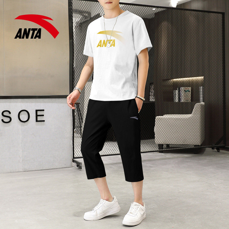 ANTA 여름 스포츠 정장 남성 반팔 자른 바지 느슨한 대형 통기성 캐주얼 러닝 스포츠 투피스 세트