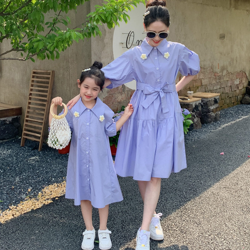 亲子装母女连衣裙短袖棉衬衫裙翻领高端韩版宽松全家装一家三四口