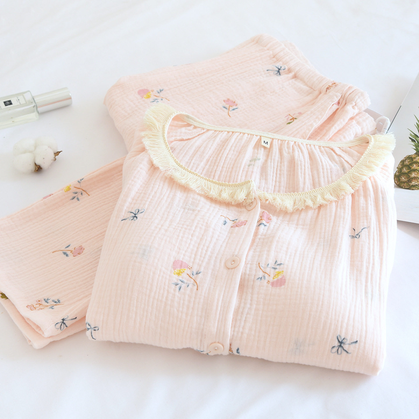 春秋带胸垫家居服长袖月子套装双层纱布透气哺乳套装纯棉孕妇睡衣