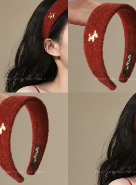 新年本命年红色小马发箍女高级感毛呢宽边金标复古高颅顶头箍发饰