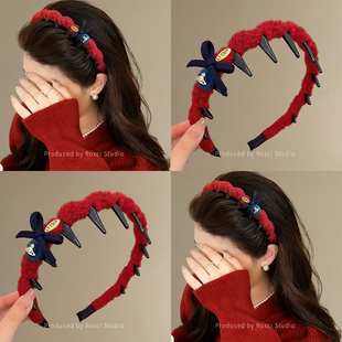 新年氛围感红色高颅顶发箍女高级感2026新款毛绒蝴蝶结洗脸头饰品
