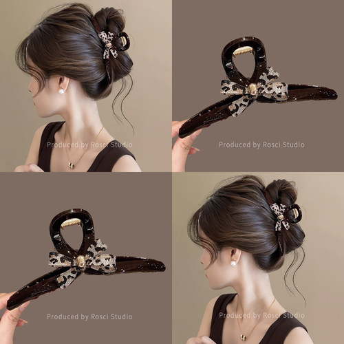 复古豹纹蝴蝶结抓夹女气质后脑勺鲨鱼夹子大号发量多2025新款发饰