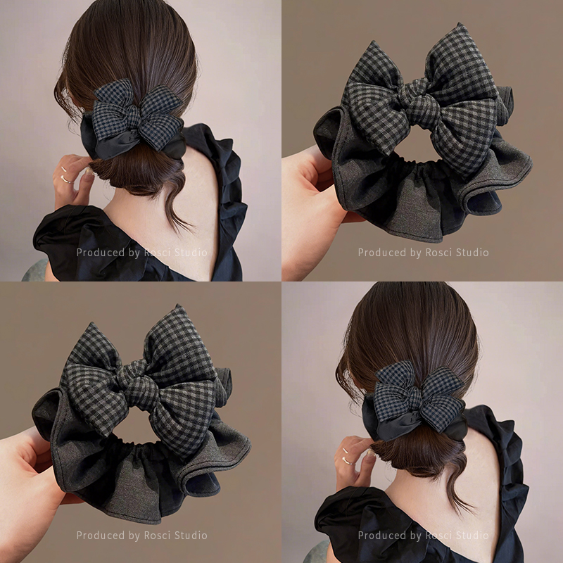 复古格纹蝴蝶结大肠发圈女扎丸子头绳马尾高级感头饰发饰2025新款
