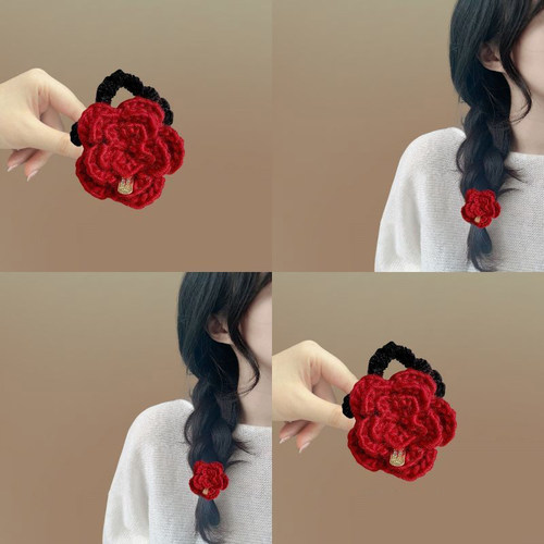 红色毛线扎头发发圈网红2024新款