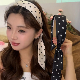 波点飘带发箍女2025新款高颅顶宽边绑发一体头箍发卡丝巾系带发饰