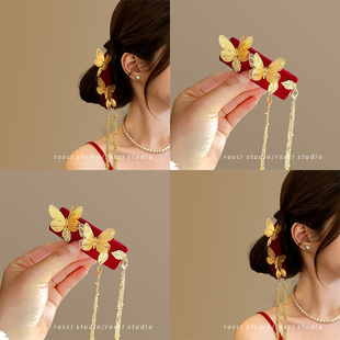 新中式金色流苏蝴蝶发夹一字夹女古风汉服发饰侧边半扎发头饰发卡