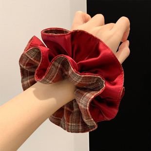 新年红色格子大肠发圈女高级氛围感2026新款气质扎头发绳丸子头饰
