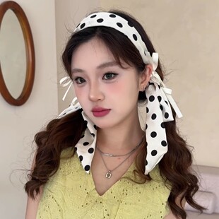 法式波点蝴蝶结双边飘带发箍女2025新款宽边高颅顶头箍绑发一体式