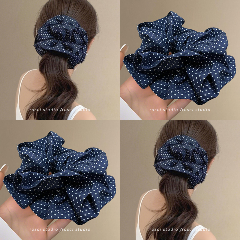 复古深蓝色波点大肠发圈女2025新款高级感慵懒风扎头发绳皮筋发饰