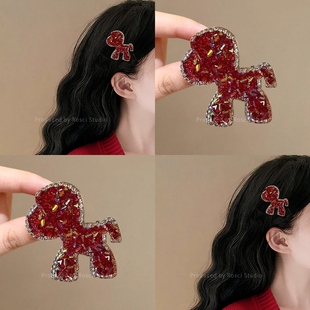 新年红色闪钻小马发夹女2026新款高级感发卡侧边刘海夹碎发鸭嘴夹