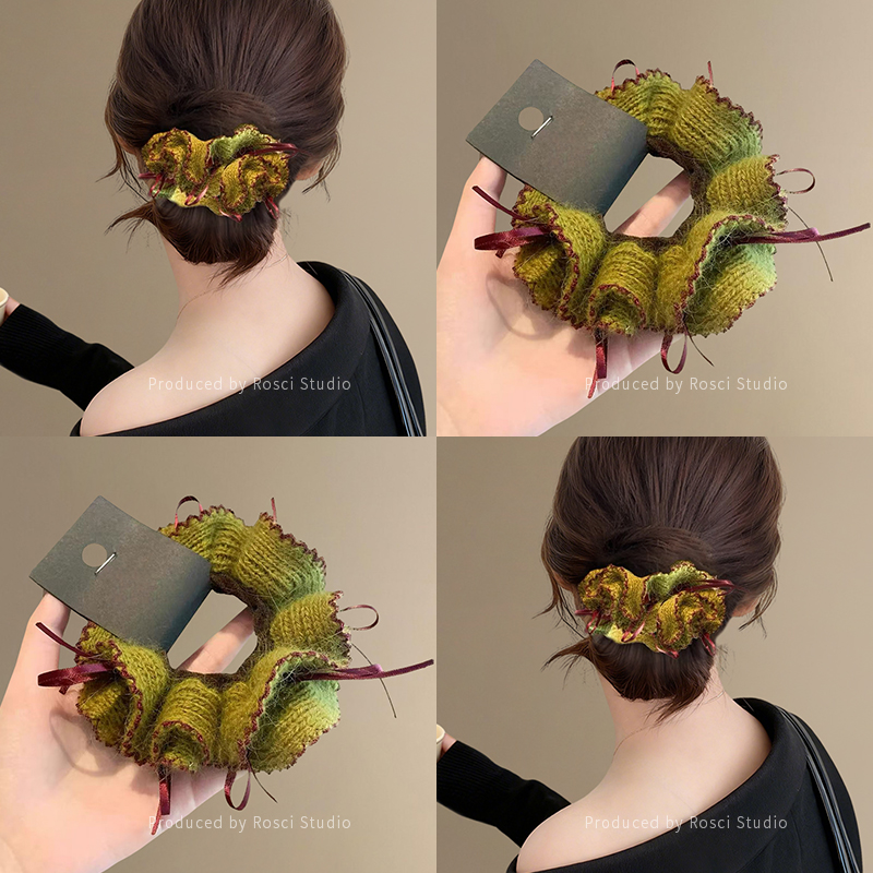 超好看的森系大肠发圈女2025新款高级感果绿针织蝴蝶结飘带扎发绳