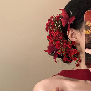 新中式红色花朵发簪子2025新款高级感蝴蝶簪花发饰头花汉服配饰女