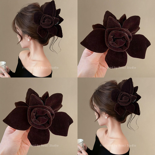 韩系氛围感丝绒花朵抓夹女2025新款高级感后脑勺大号鲨鱼发夹发饰