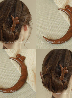 新中式兔子玄月木质发簪古风高级感日常簪子盘发发钗汉服旗袍配饰