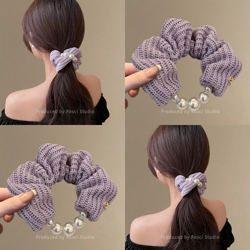 秋冬针织毛线大肠发圈女珍珠丸子头发绳韩系发饰2025新款气质头绳